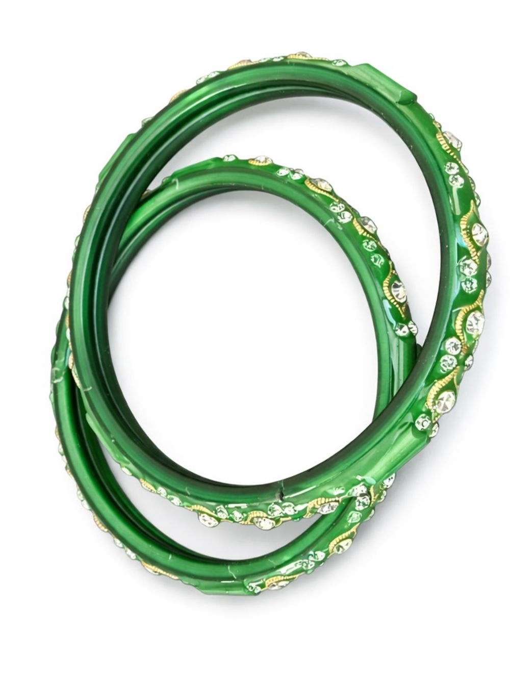 Pair of Handcrafted Indian Bangles – Green & Gold Crystal Detail